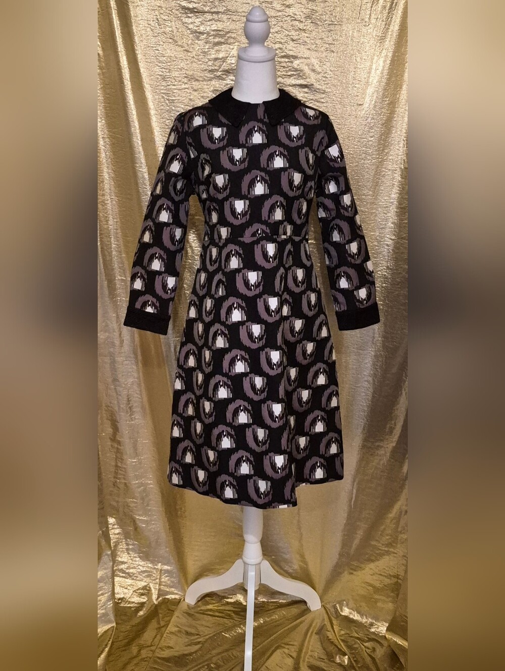 Vintage-Inspired Sophie Marand Black and Lavender Patterned Women's Dress